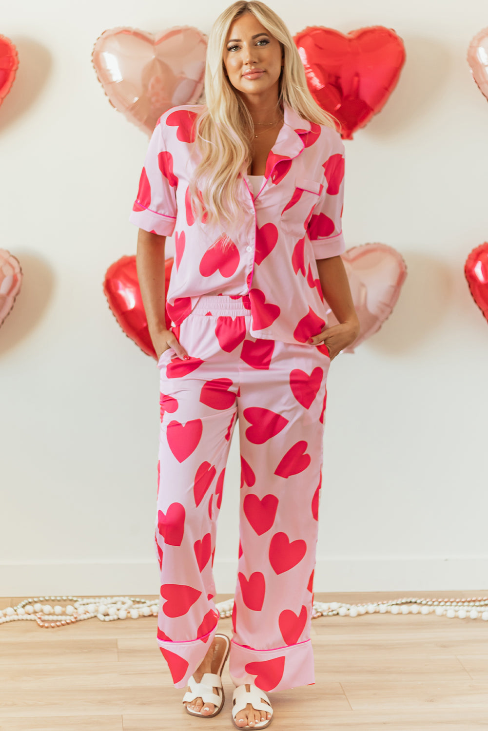 Pink Classic Heart Valentines Short Sleeve Pants Pajamas Set